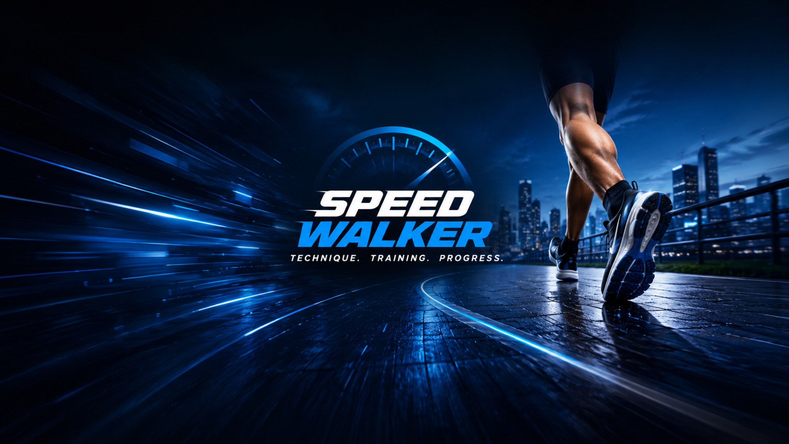 Speed Walker — Technique. Training. Progress. Blue city lights and a walker in motion.